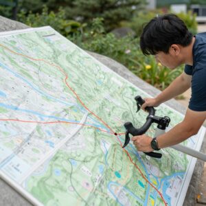 등고선이 표시된 자전거 도로 지도를 펼쳐놓고 경로를 확인하는 모습
