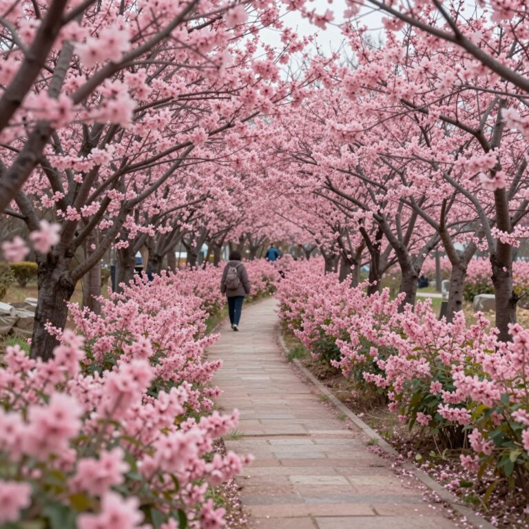 대구 국채보상운동기념공원의 분홍빛 홍매화 터널 풍경