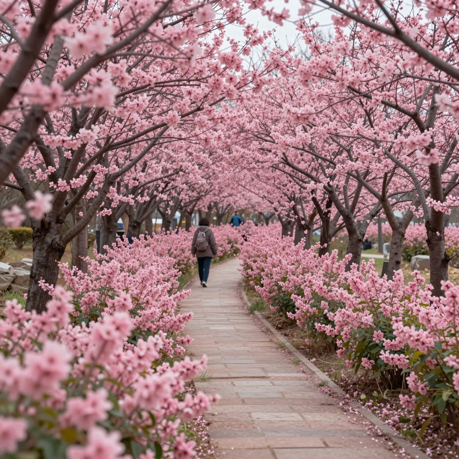 대구 국채보상운동기념공원의 분홍빛 홍매화 터널 풍경