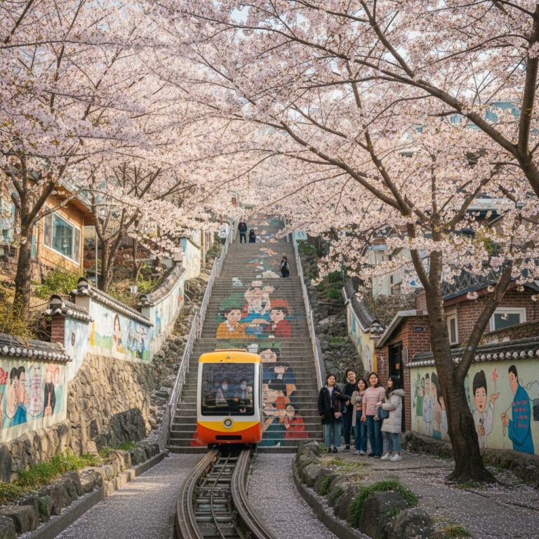 벚꽃이 만발한 닥밭골 벽화마을의 소망계단과 모노레일 풍경