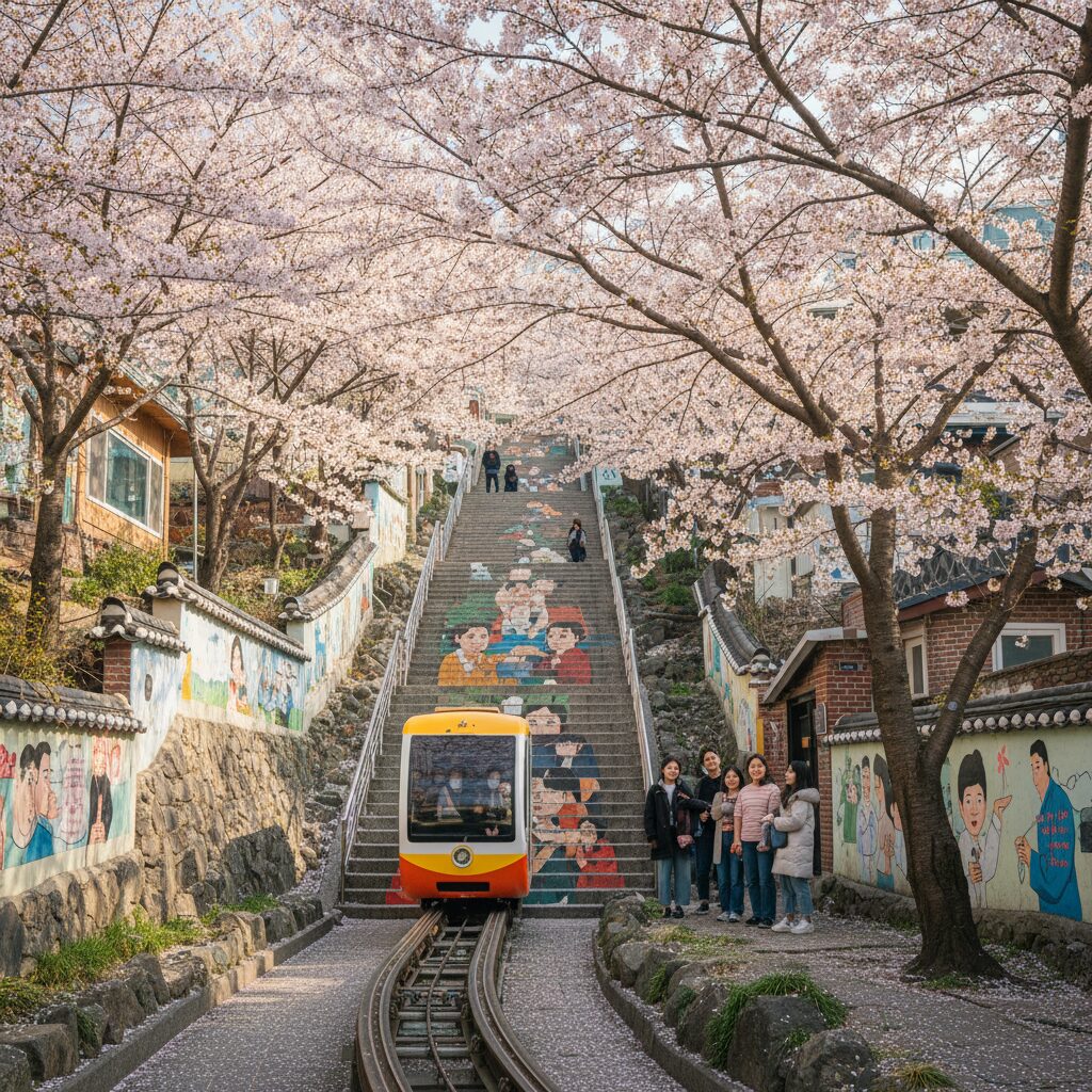 벚꽃이 만발한 닥밭골 벽화마을의 소망계단과 모노레일 풍경