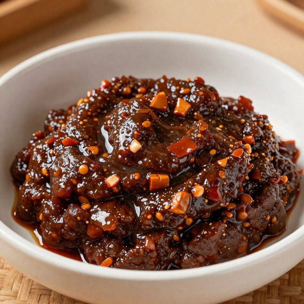 접시에 담긴 완성된 달래간장 양념장 근접 촬영