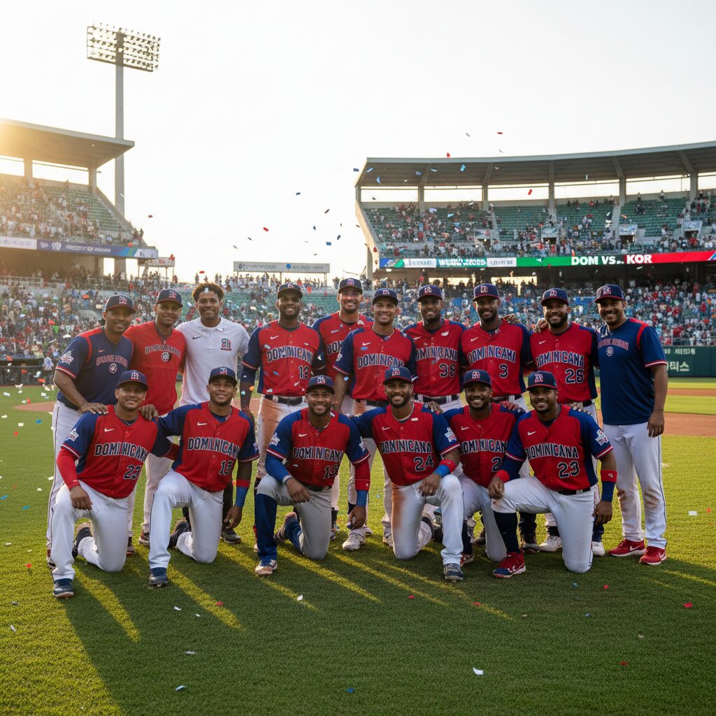 도미니카 공화국 WBC 대표팀 주요 선수들이 그라운드에 모여 있는 단체 사진