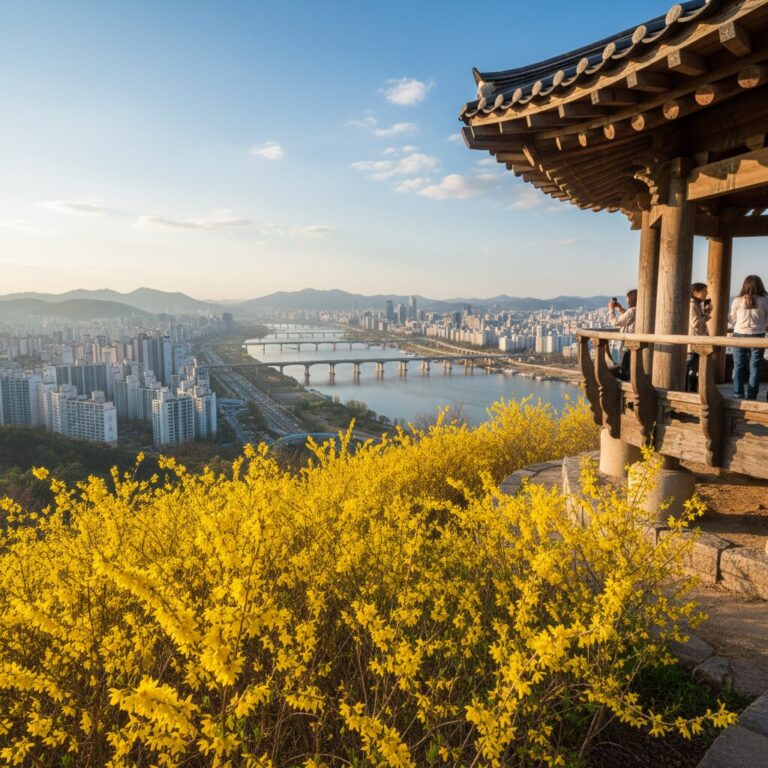 응봉산 팔각정에서 바라본 노란 개나리와 한강 전경