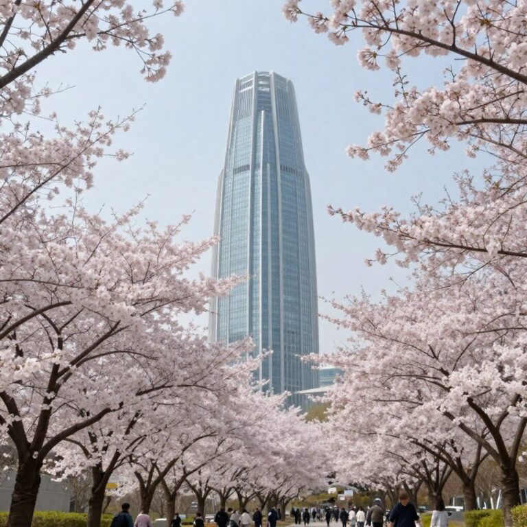 대구 이월드 83타워와 흐드러지게 핀 벚꽃 나무 배경 풍경
