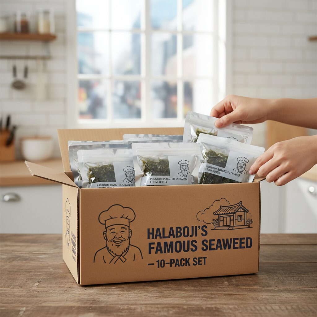 진공 포장된 소문난 할아버지김 10봉 세트가 담긴 박스