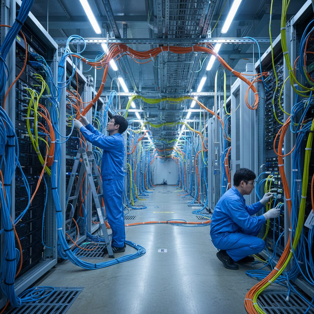 AI 데이터센터 내부의 복잡한 광케이블 배선 현장