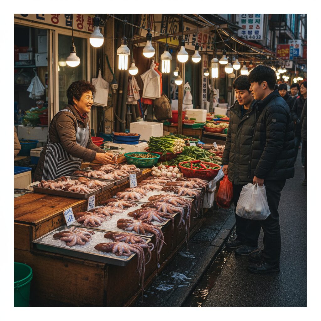 신선한 쭈꾸미가 진열된 전통 시장 모습