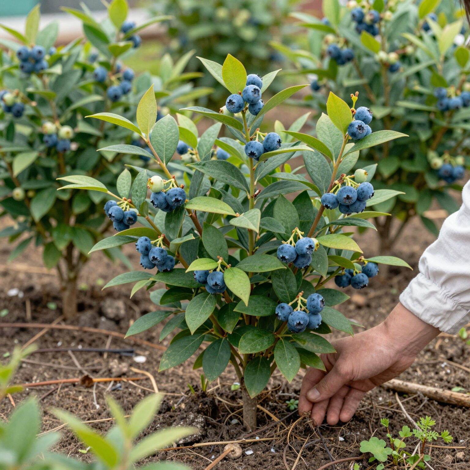 블루베리 감나무 사과대추 묘목이 정원에 심겨져 있는 모습