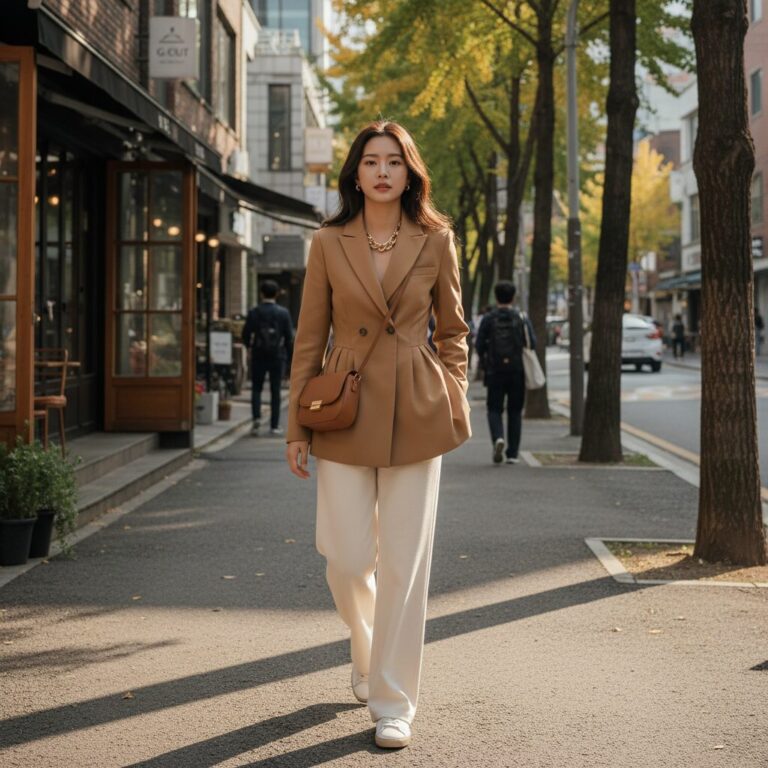 지컷 카멜색 턱 디테일이 있는 싱글 자켓을 입은 여성의 데일리 코디