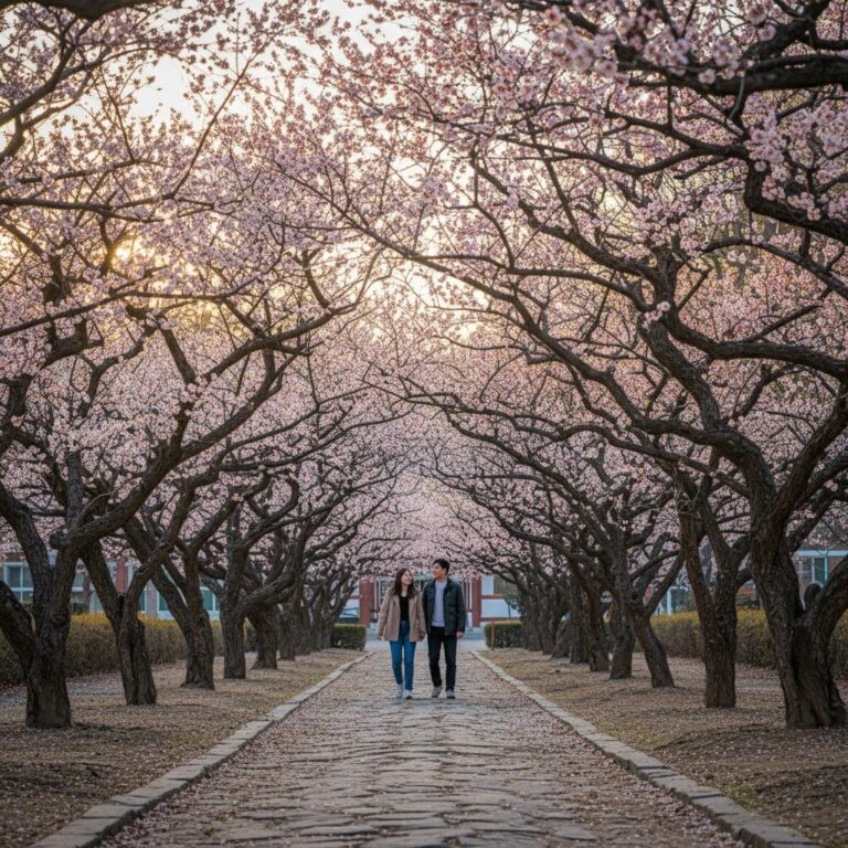 김해 건설공고 와룡매로 형성된 매화 꽃 터널 풍경