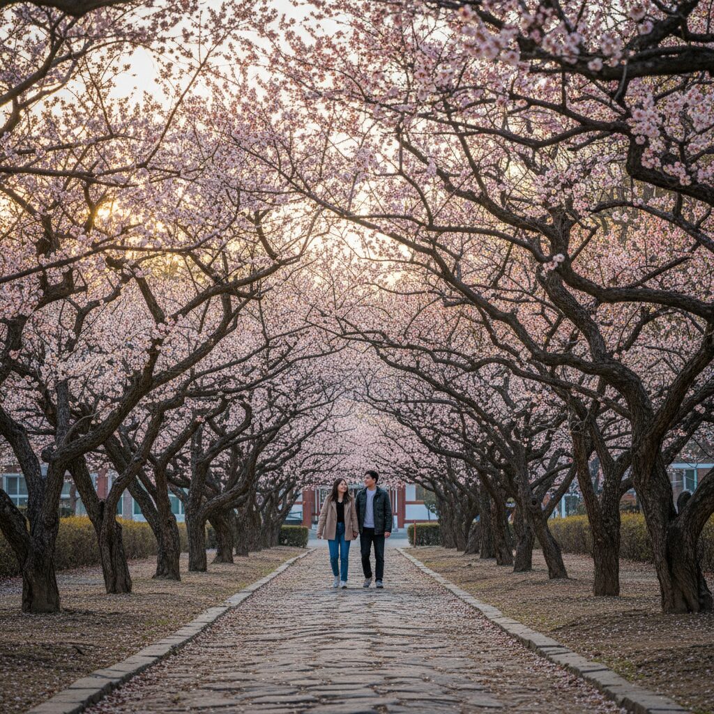 김해 건설공고 와룡매 개화 현황과 교정 속 매화 터널 1 김해 건설공고 와룡매로 형성된 매화 꽃 터널 풍경