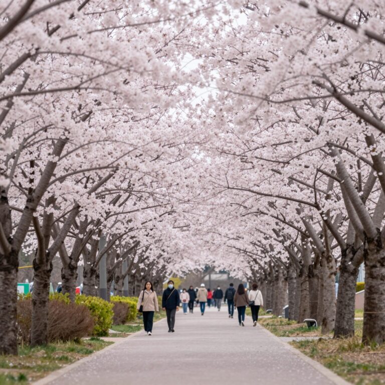 김포 계양천 벚꽃축제 산책로와 핑크빛 벚꽃 터널 풍경