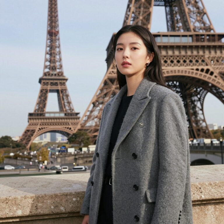 고윤정이 파리 에펠탑 배경으로 샤넬 그레이 가디건을 입고 있는 모습