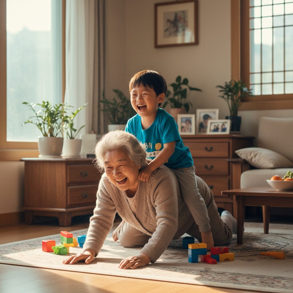 할머니가 손주와 함께 집에서 놀이하며 웃고 있는 모습