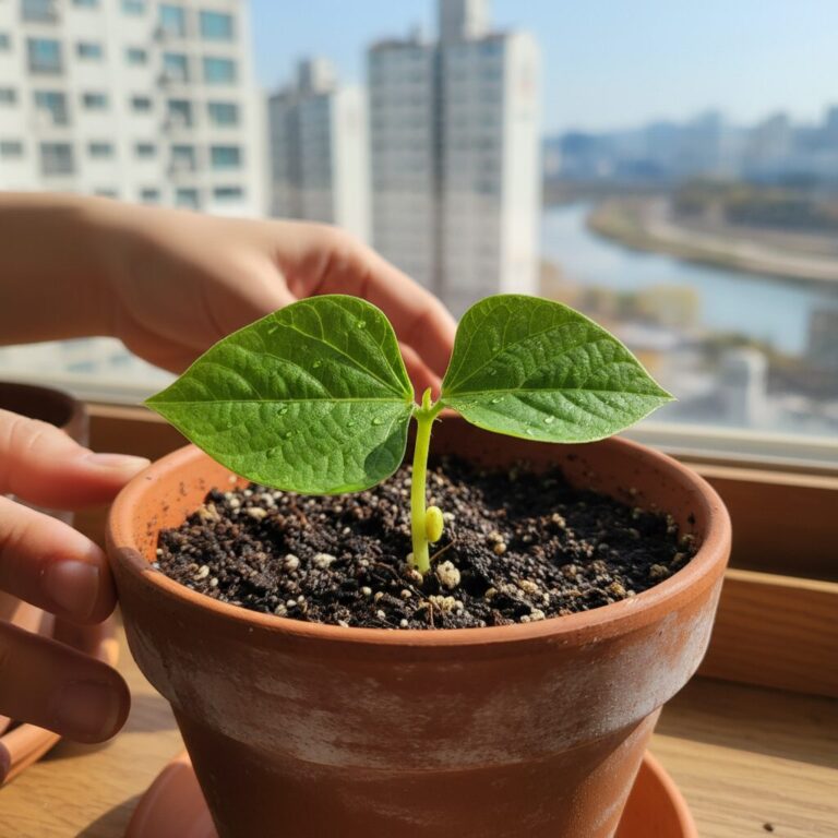 화분에 올라온 강낭콩의 푸른 떡잎 두 장