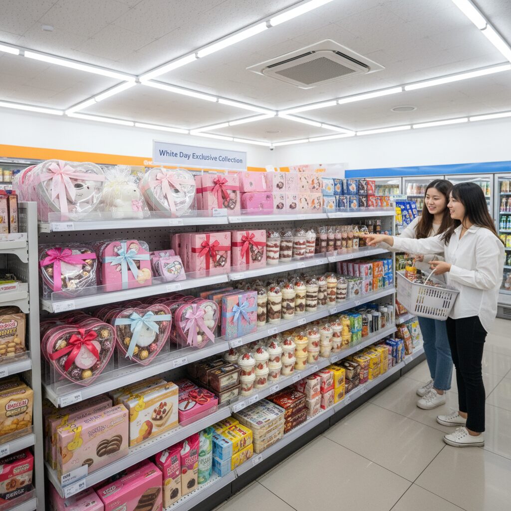 GS편의점 화이트데이 선물 아이디어와 특가 이벤트 1 GS편의점 화이트데이 한정판 초콜릿과 디저트 세트가 진열된 모습
