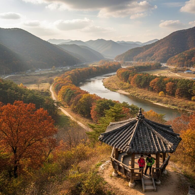 구례 일송정 정자에서 바라본 가을 섬진강 풍경