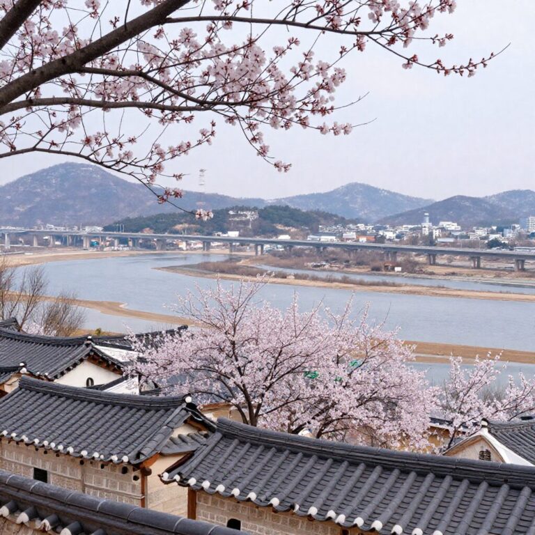 광양 매화마을 전경과 섬진강이 함께 보이는 풍경