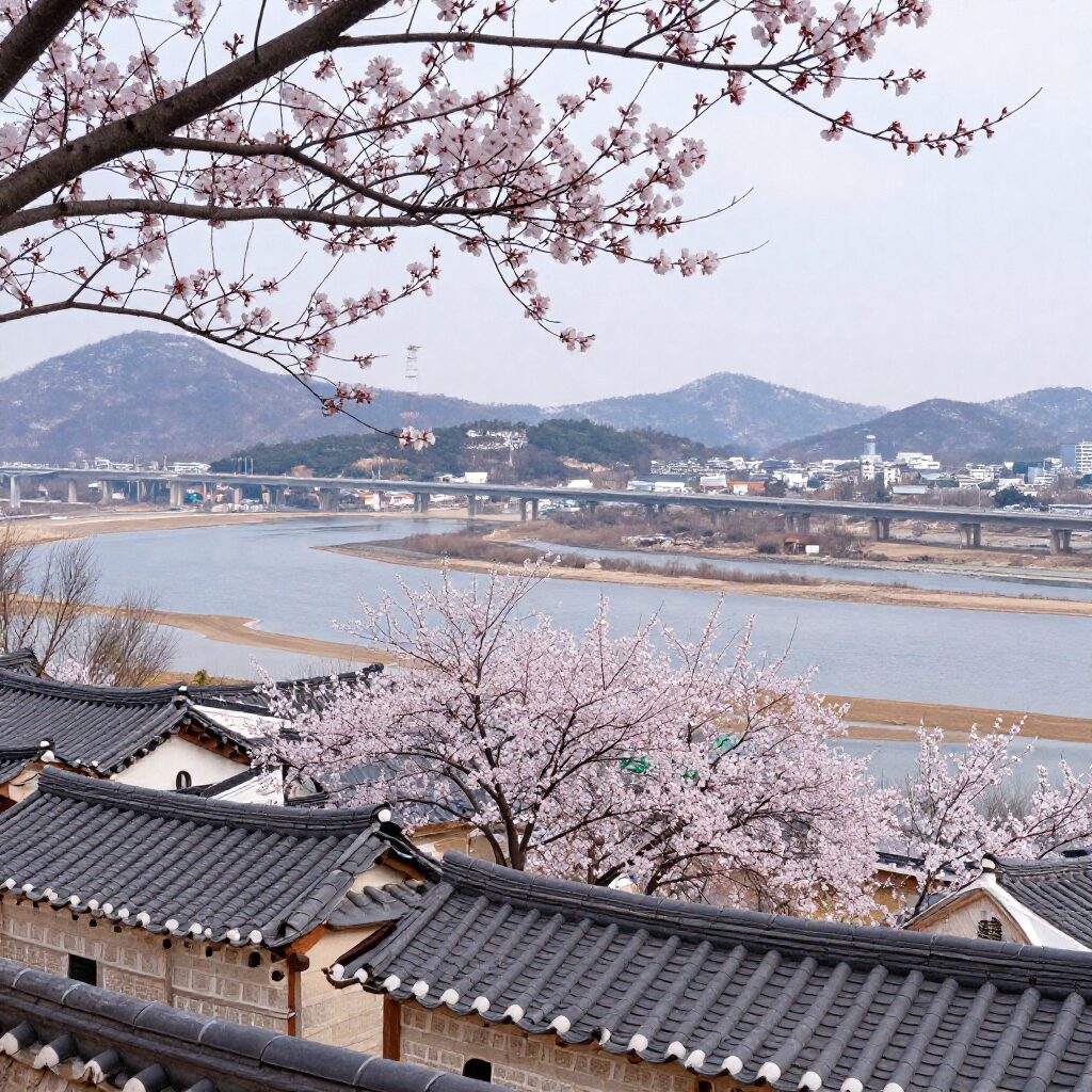 광양 매화마을 전경과 섬진강이 함께 보이는 풍경