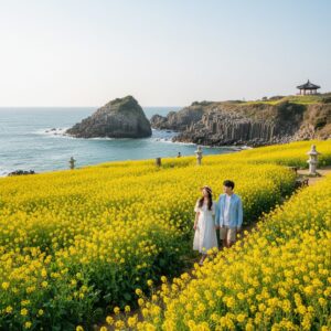 경주 양남 주상절리 배경의 넓은 노란 유채꽃밭