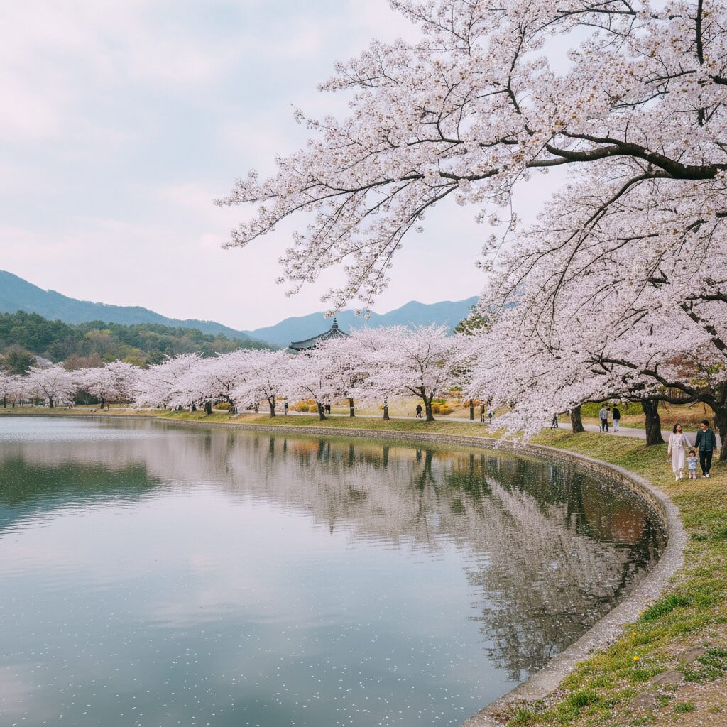 잔잔한 경포호수와 흐드러지게 핀 벚꽃 나무가 어우러진 봄 풍경