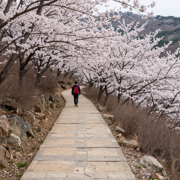 계룡산 봄날 등산길 벚꽃이 만개한 산책로