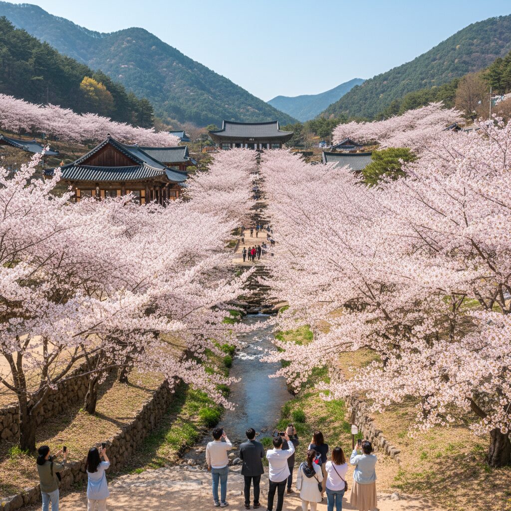 봄날 하동 쌍계사 전경과 십리벚꽃길 나무들