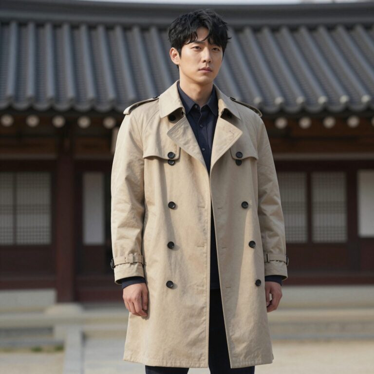 베이지색 하프트렌치코트를 캐주얼하게 스타일링한 모습