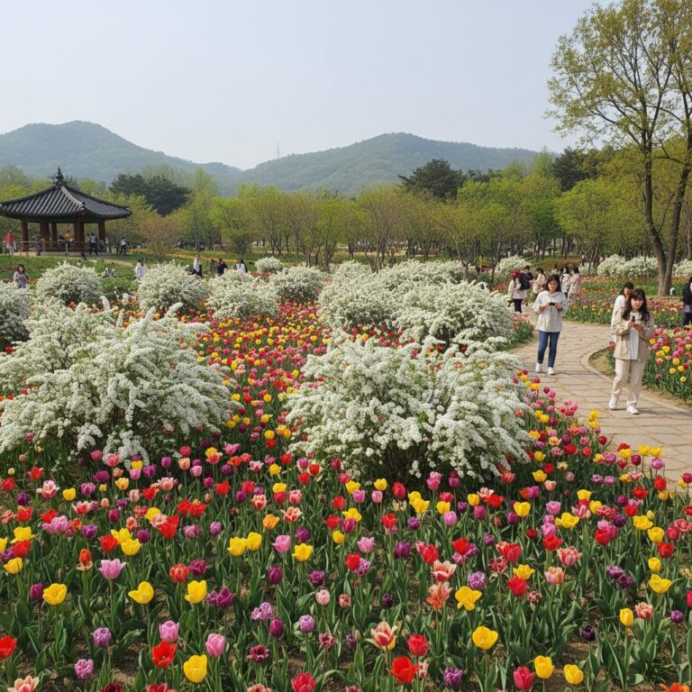 한밭수목원 봄꽃 풍경 튤립과 조팝나무가 함께 핀 모습