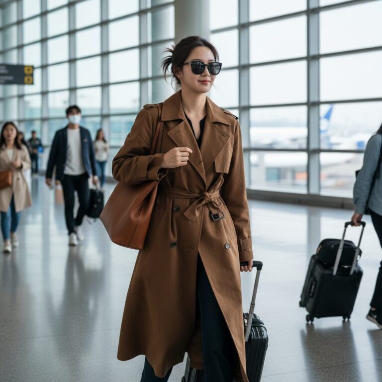 한소희가 브라운 자라 롱 트렌치코트를 입고 공항에서 걸어가는 모습