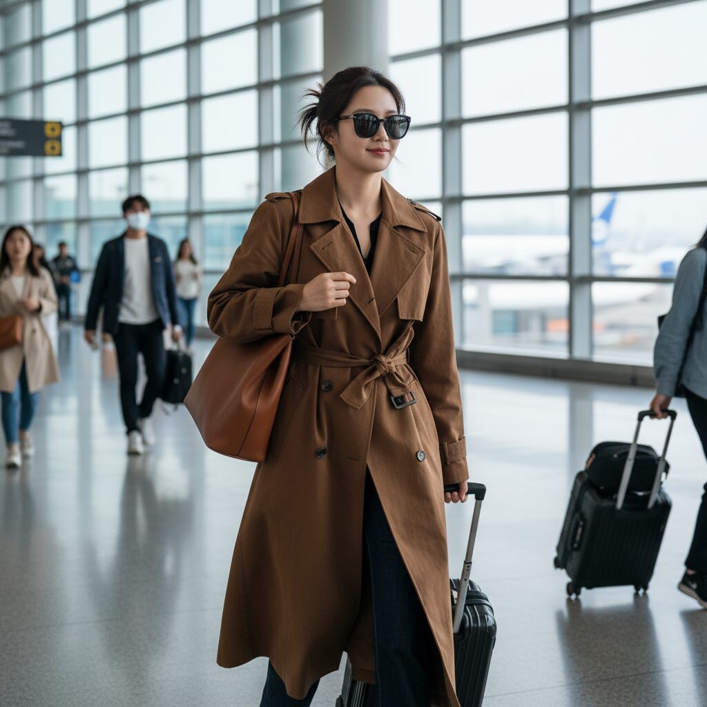 한소희가 브라운 자라 롱 트렌치코트를 입고 공항에서 걸어가는 모습