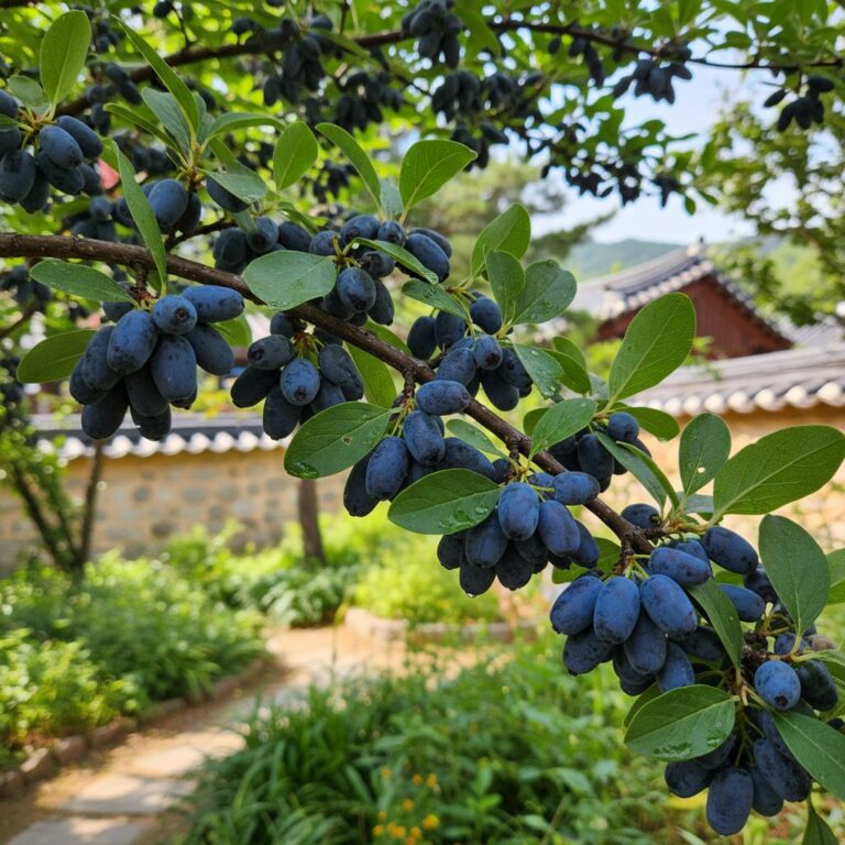 하스카프베리 열매가 주렁주렁 열린 나무 가지 사진