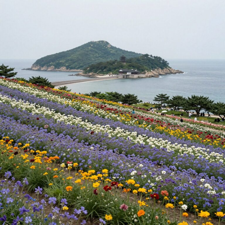 원주 흥원창 전망대에서 바라본 섬강과 금계국 꽃밭 풍경