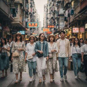 홍콩 4월 거리 사람들의 봄옷차림