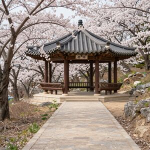 봄날 벚꽃이 만개한 남양주 홍유릉의 정자각과 산책로 경치
