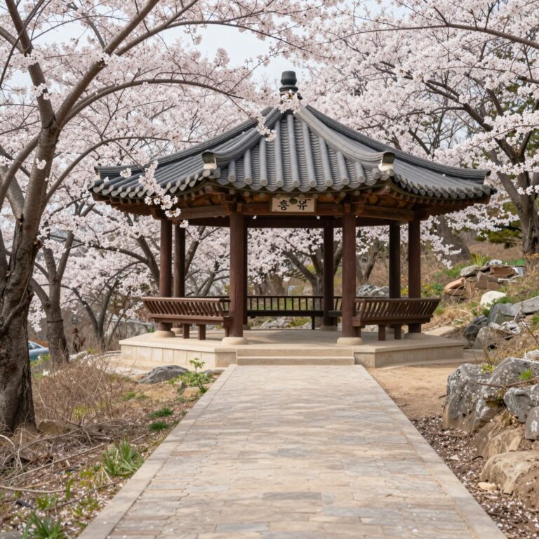 봄날 벚꽃이 만개한 남양주 홍유릉의 정자각과 산책로 경치