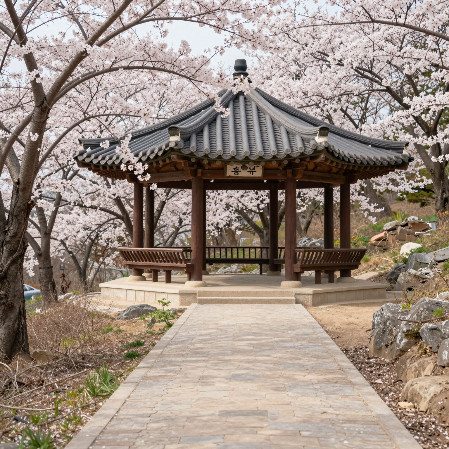 봄날 벚꽃이 만개한 남양주 홍유릉의 정자각과 산책로 경치