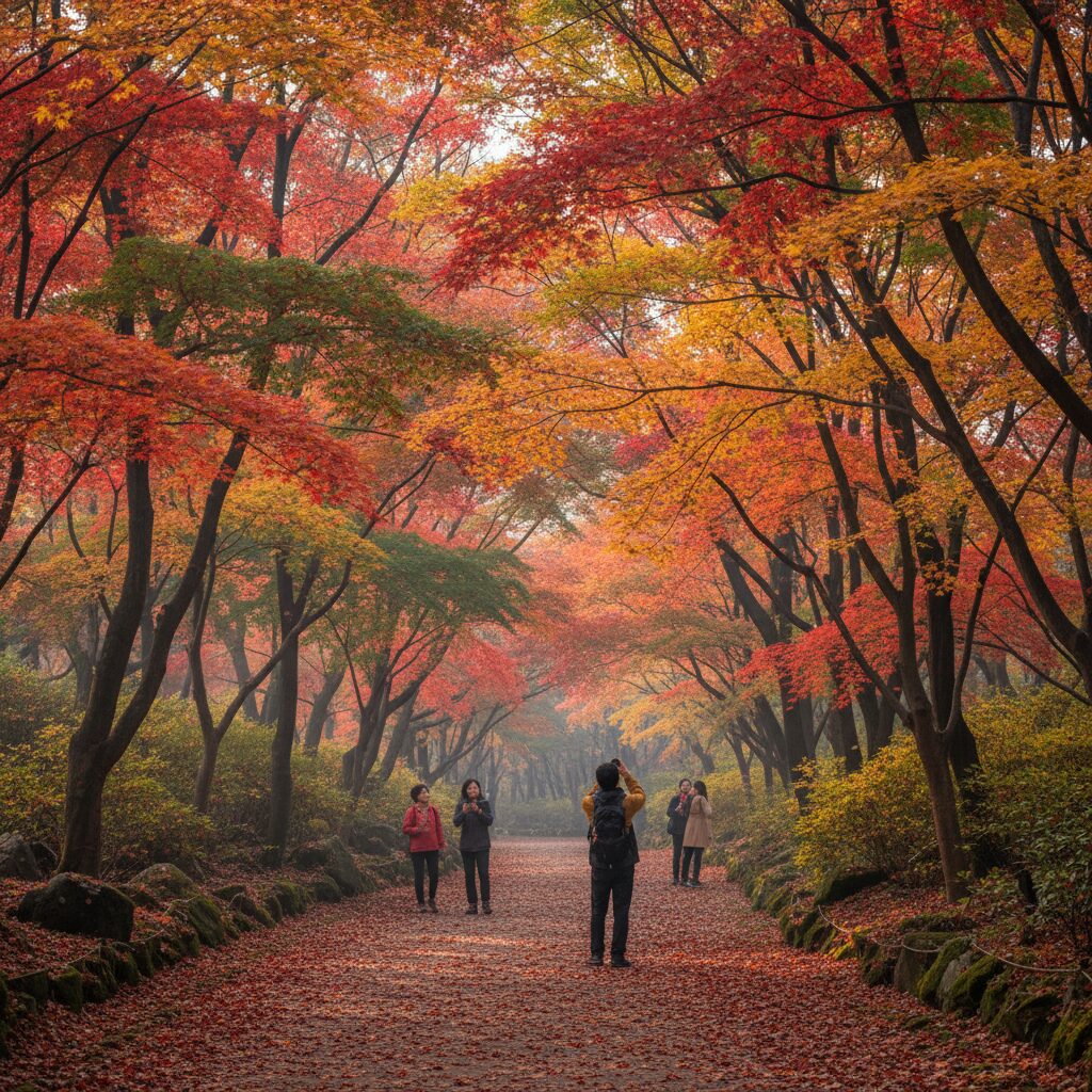 가을 단풍으로 물들어 다양한 색깔을 보여주는 화담숲의 숲길 풍경