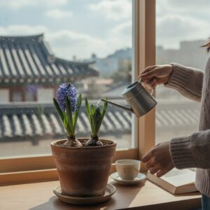 히아신스 화분에 물을 주는 모습