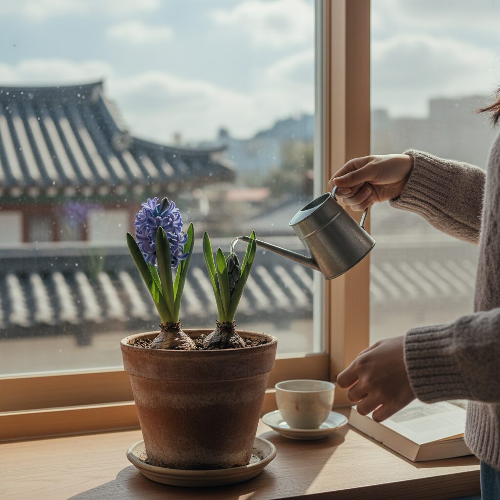 히아신스 화분에 물을 주는 모습
