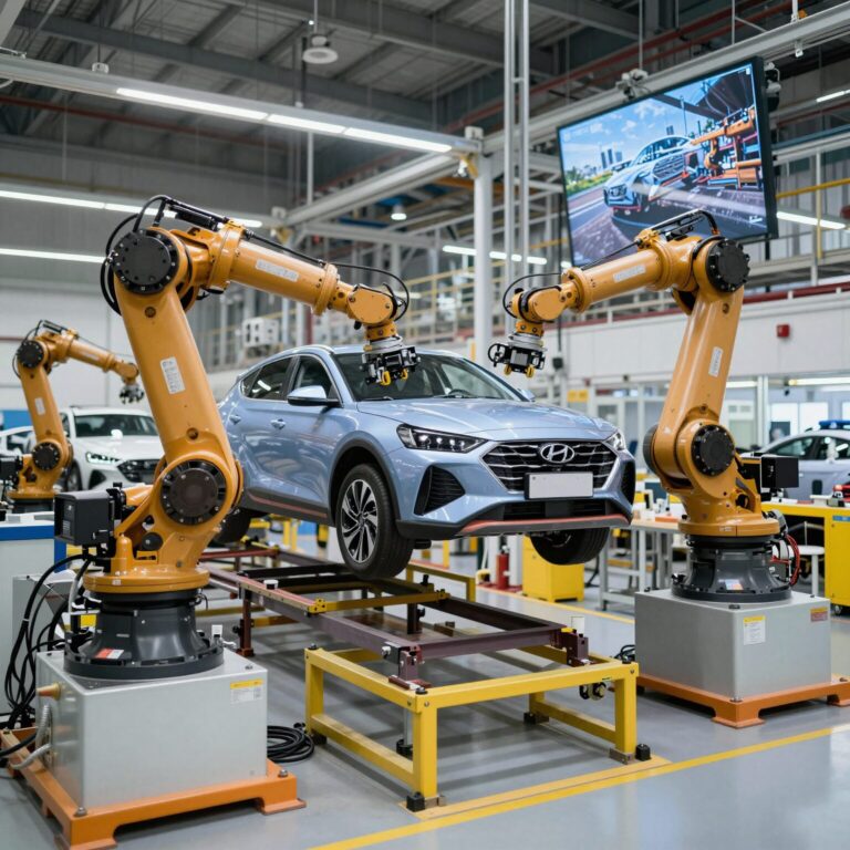 현대자동차 조지아 공장에서 로봇 아틀라스가 자동차 조립 라인에서 작업하는 모습