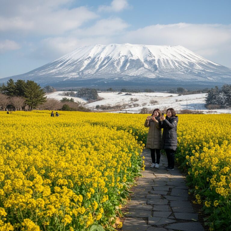 한라산 설경 배경의 휴애리 자연생활공원 노란 유채꽃밭 풍경