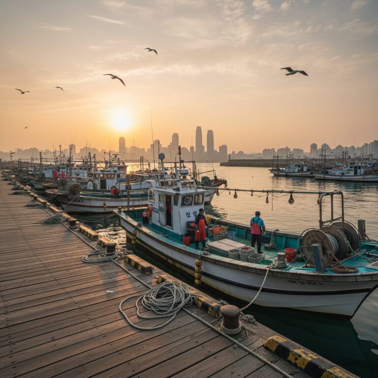 인천 남항 배낚시 배와 부두 전경
