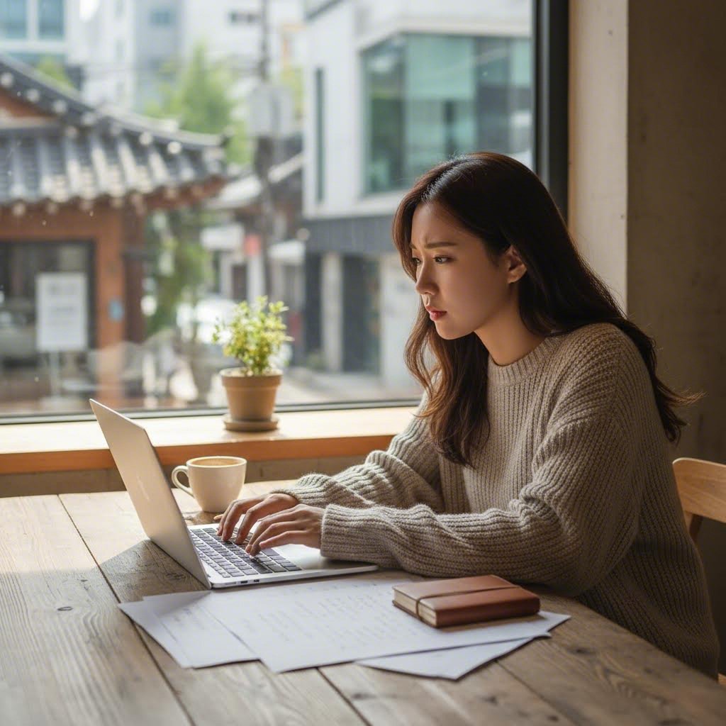 인플루언서가 노트북으로 신중하게 콘텐츠를 작성하는 모습