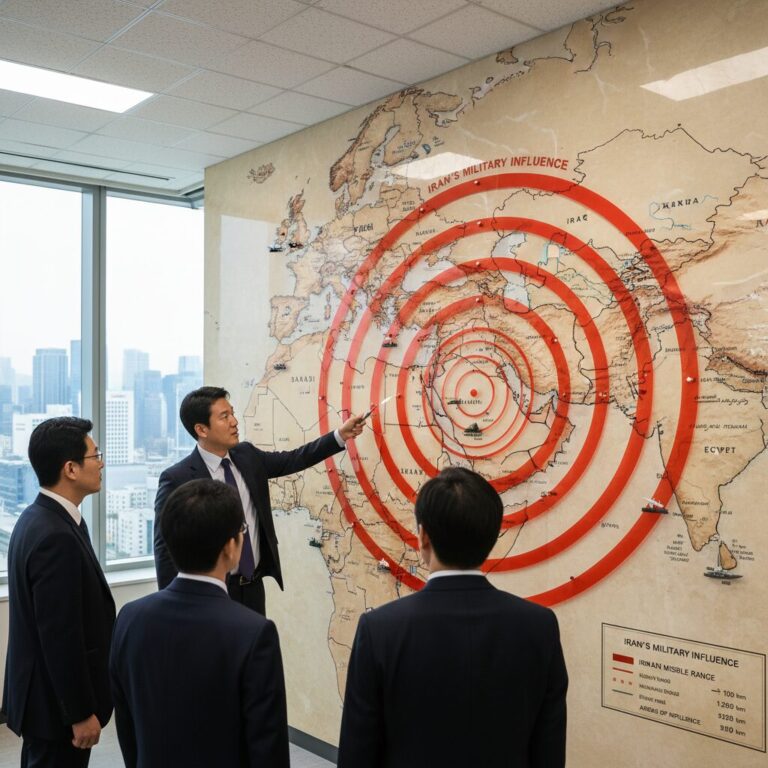 이란의 군사적 영향력과 주요 미사일 사정거리를 보여주는 중동 지역 지도