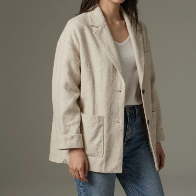 베이지색 린넨 소재 가디건을 입은 여성이 데님 팬츠와 함께 캐주얼하게 포즈를 취하고 있다