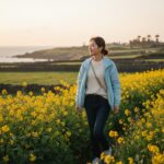 제주도 4월초 여행 옷차림 예시로 얇은 니트와 바람막이 재킷이 겹쳐져 있는 사진