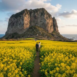 제주 산방산 암벽을 배경으로 핀 노란 유채꽃밭