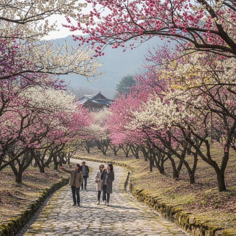 진주 매화숲에 핀 다양한 색깔의 매화꽃과 산책로